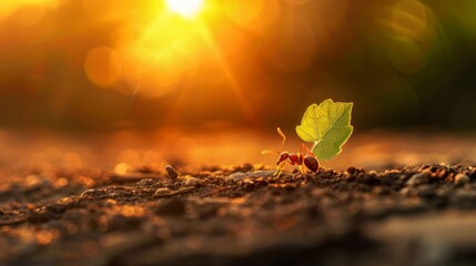 ant carrying a leaf under the sun - obrazy, fototapety, plakaty