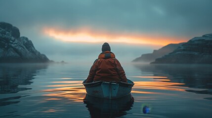 Scandinavian fisherman at dawn  photorealistic depiction of ambient light on rugged seascape - obrazy, fototapety, plakaty