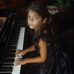 Fototapeta na wymiar A young girl with an angelic face plays the piano with grace and concentration, her innocence adding charm to the melody looking to the camera .