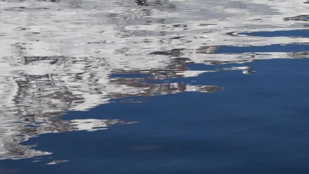 Reflective water surface with blue sky