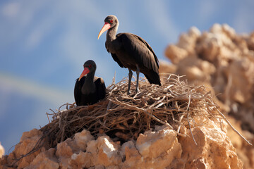 Northern Bald Ibis, nesting on cliffs in Morocco - obrazy, fototapety, plakaty