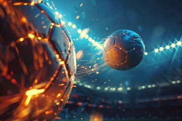 Fiery soccer ball go fast at the football stadium. Generative AI - 775140627