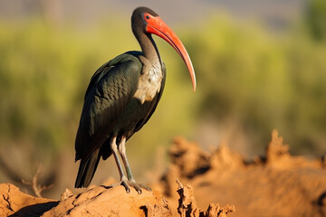 Northern Bald Ibis, seen in arid regions of Africa - obrazy, fototapety, plakaty