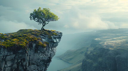 A lone tree clinging to the edge of a cliff