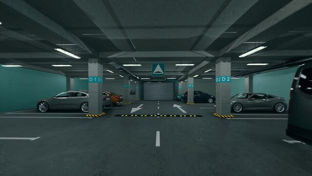 Underground parking with cars. Modern underground parking. Indoor full modern parking. Underground Parking Garage Scene