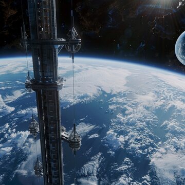 Space elevator concept, illustrating a visionary project for transporting materials between Earth and space low texture