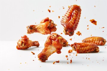a group of chicken wings falling