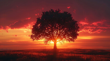 A lone tree silhouetted against a fiery sunset