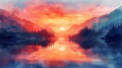 Produce a watercolor wash with soothing tones reminiscent of a tranquil lake at twilight - obrazy, fototapety, plakaty