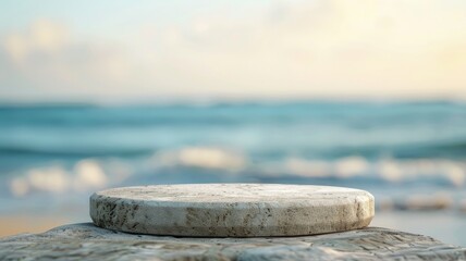 Stone podium against the backdrop of a summer seascape. Free space for product advertising.