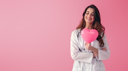 A cheerful female doctor with a heart-shaped balloon representing care and love in the medical field on a pink background - Powered by Adobe