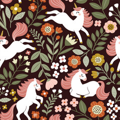 Seamless vector pattern with cute hand drawn unicorns on floral background. Perfect for textile, wallpaper or print design. © MirabellePrint