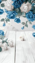 a beautiful white and blue rose background, accentuated by an empty, clean white wooden table, creating a serene and captivating composition perfect for various design purposes.