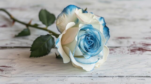a beautiful white and blue rose background, accentuated by an empty, clean white wooden table, creating a serene and captivating composition perfect for various design purposes.