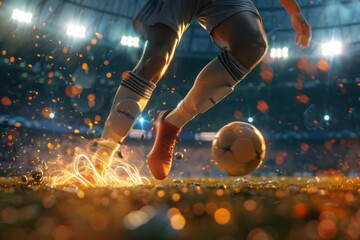 Naklejka premium Soccer player in a fiery field at the football stadium. Generative AI