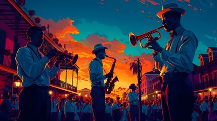 Fototapeta premium Visualize the vibrant atmosphere of the New Orleans Jazz & Heritage Festival, with jazz music echoing through the streets of Louisiana