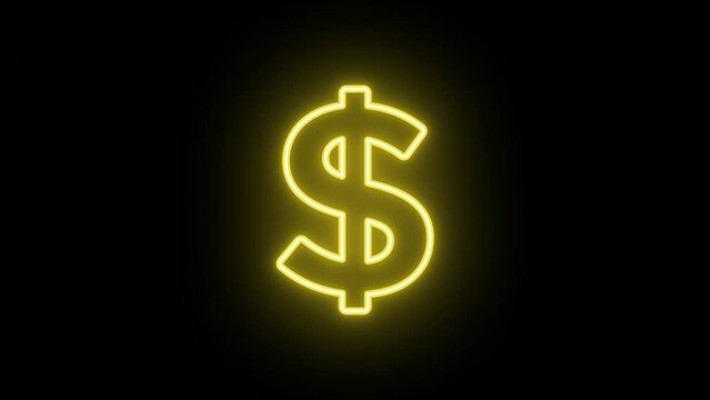 Neon dollar icon animation, flickering emergence with fading. Glowing neon dollar sign, looped animation. Money cash, digital currency market, USD, bank business, finance. Green, yellow, orange color