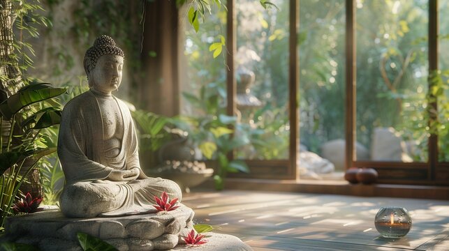 Mindfulness-based stress reduction practices, serene meditation illustration, 3D Concept Art