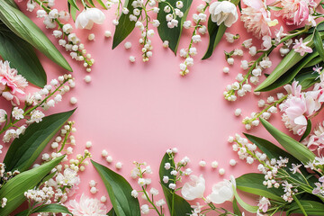 Frame of lilies of the valley on a pink background, photo frame of blooming lily of the valley flowers