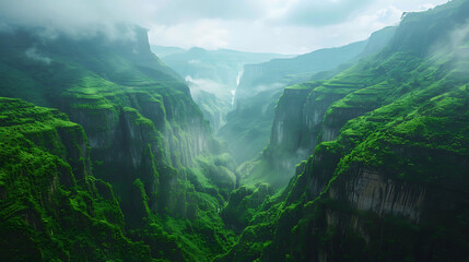 A lush green valley surrounded by towering cliffs - obrazy, fototapety, plakaty
