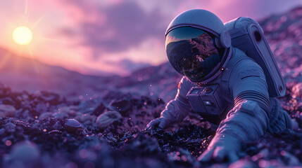 Alien planet, Astronaut, Encountering new lifeforms, With curiosity and caution, Unknown terrain under a violet sky, Photo-realistic, Golden hour, Depth of field bokeh effect - obrazy, fototapety, plakaty