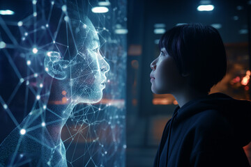 Fototapeta na wymiar Futuristic AI Avatars and Digital Doubles - Human-Machine Interaction