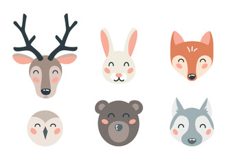 Cute forest animal faces set on isolated white background. Cartoon flat design element for nursery, decoration, card.