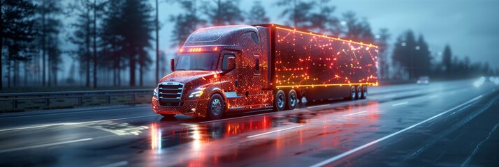 Transport truck traveling on highway: Freight logistics, distribution, and shipping services.