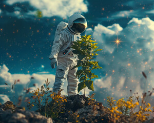 Galaxy Gardener, Cosmic Attire, Enigmatic space keepers orchestrating celestial growth among nebulae and galaxies They tend to star gardens with meticulous care - obrazy, fototapety, plakaty