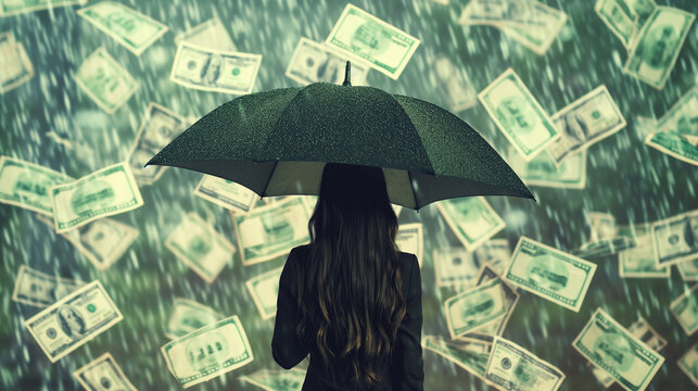 Mulher segurando um guarda chuva em uma chuva de dinheiro 