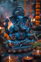 Ganesha Idol Serenely Sitting Among Diwali Lights