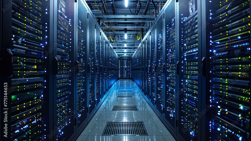 Poster modern data center with rows of high-tech servers.
