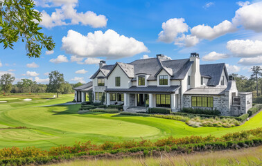Fototapeta na wymiar A large, two-story house with white walls and gray shingle roof stands on the green lawn of an elegant golf course