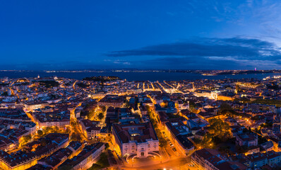 Lisbon Skyline and Tagus River at Night. Blue Hour. Portugal. Aerial View.