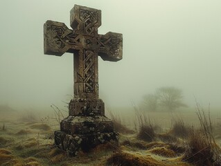 Celtic Cross Standing Solitary in a Misty Field The cross melds into the morning mist