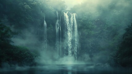 A magical waterfall shrouded in mist and mystery - obrazy, fototapety, plakaty