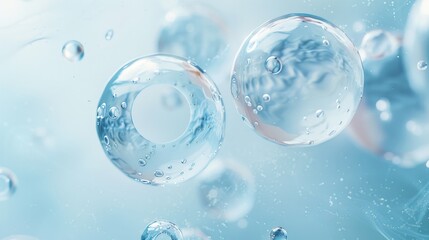 transparent cells floating on a light blue background, surrounded by small cells and bubbles