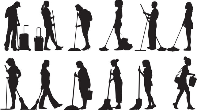 Floor mopping icon set vector black silhouette