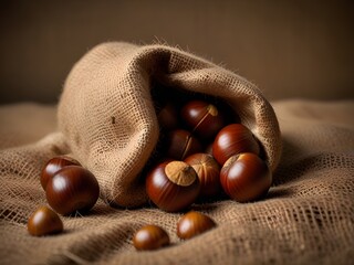 Chestnuts spilling from a burlap sack, heralding the cozy warmth of fall, generative AI - obrazy, fototapety, plakaty