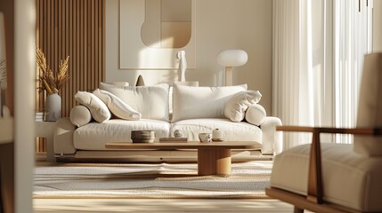 a beige cozy setting depicted in an abstract, hyper-realistic photo, rendered in high definition to capture every intricate detail.