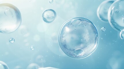 transparent cells floating on a light blue background, surrounded by small cells and bubbles