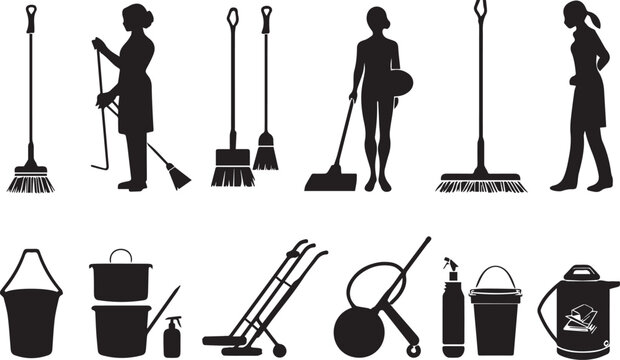 Floor mopping icon set vector black silhouette