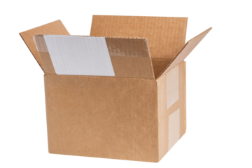 Cardboard box with stickers. On a blank background.