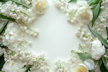 Frame of lilies of the valley and white flowers on a white background, photo frame of blooming lily of the valley flowers
