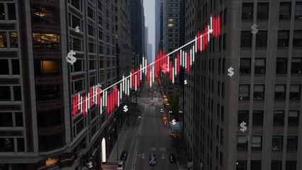 Urban cityscape with a rising stock market graph overlay while apartment costs increase. Aerial of...