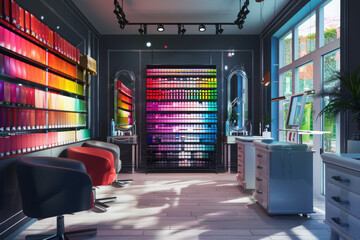 Modern beauty salon with vibrant nail polish display