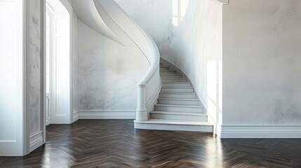 Obraz premium a stunning depiction of a dark walnut floor contrasting against pale off-white plaster walls, leading to a majestic grey limestone staircase.