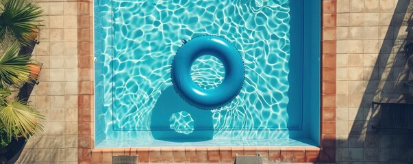 Top view of a summer swimming pool with an inflatable ring on a sunny day