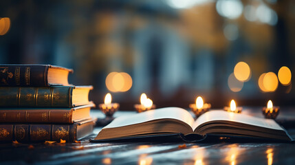 World book day background with open book and bokeh