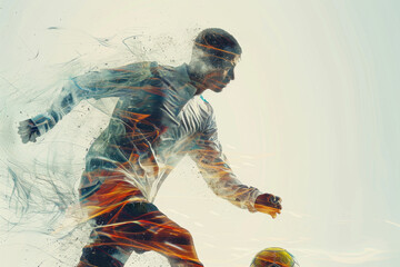 Double exposure of a Soccer player ready to kick the soccerball at the stadium. Generative AI - 775146047